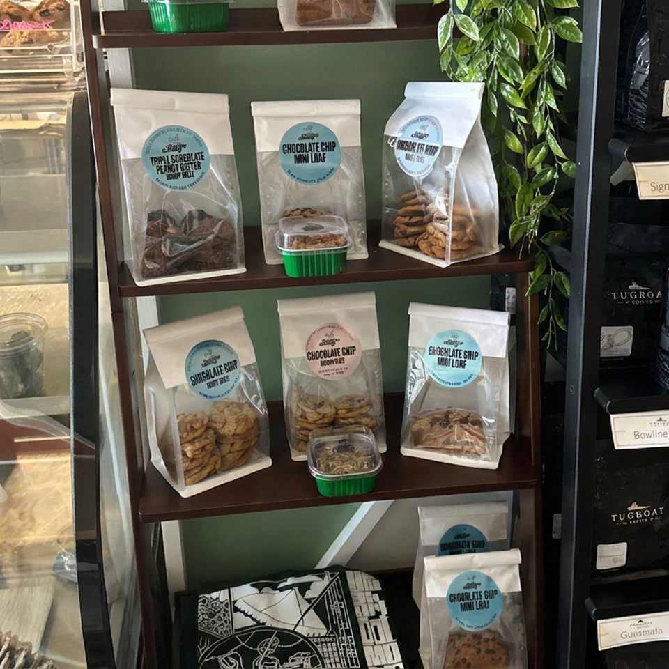 Cafe display shelves feature packaged cookies, pastries, coffee beans, plants, and a glass case of baked goods.