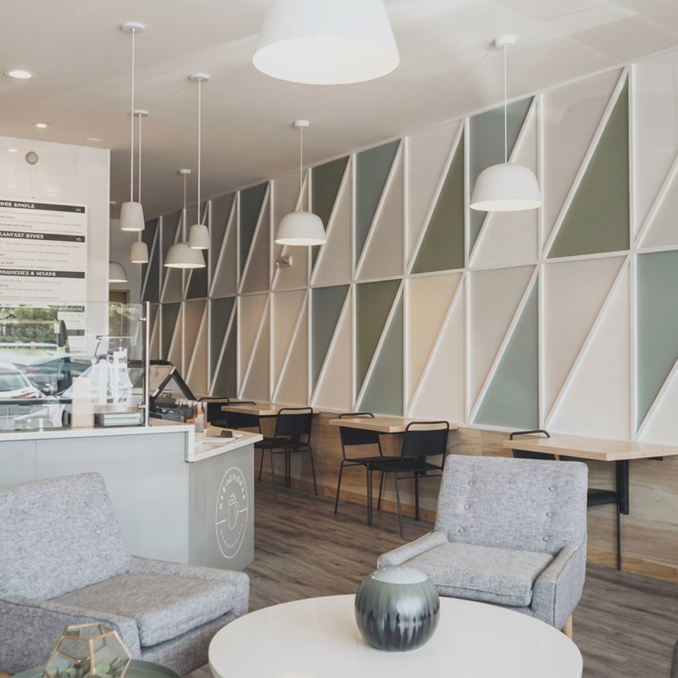 Bright modern café interior with geometric wall panels, pendant lights, café tables, armchairs, and a service counter.