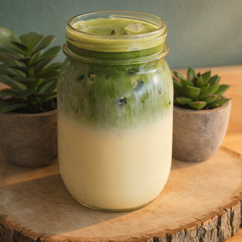 Layered green matcha latte with ice in a glass jar, displayed on a wooden slice between potted succulents.
