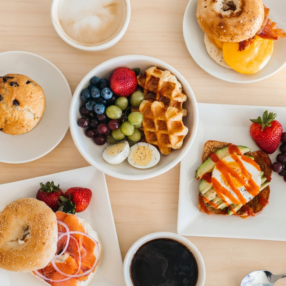 Overhead breakfast spread with bagels, avocado toast, fruit, waffles, muffin, eggs, and coffee on a wooden table.