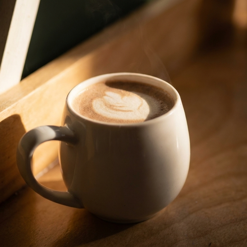 Steaming latte with heart-shaped foam art in a white ceramic mug on a sunlit wooden table.