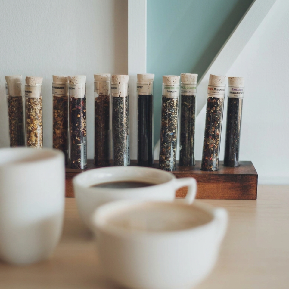 Three white cups sit on a wooden table, with spice-filled glass tubes arranged behind them.