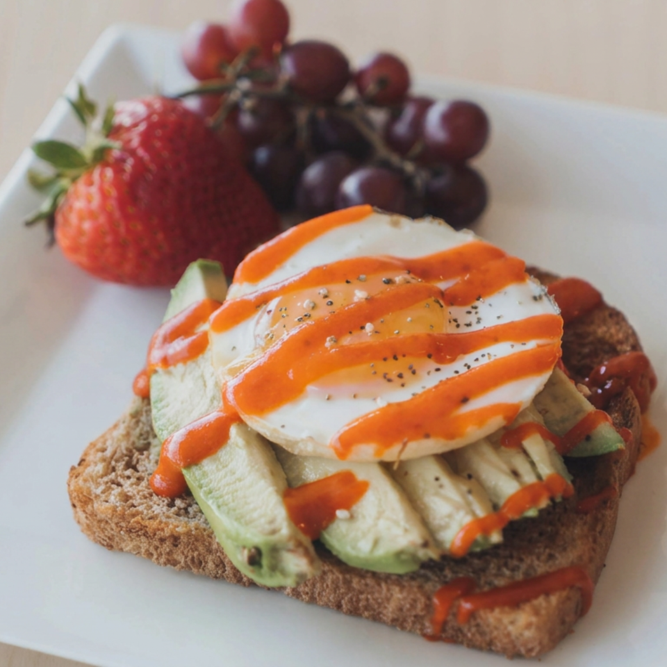 Avocado toast topped with a fried egg, hot sauce, and poppy seeds, served with strawberries and grapes on a white plate.